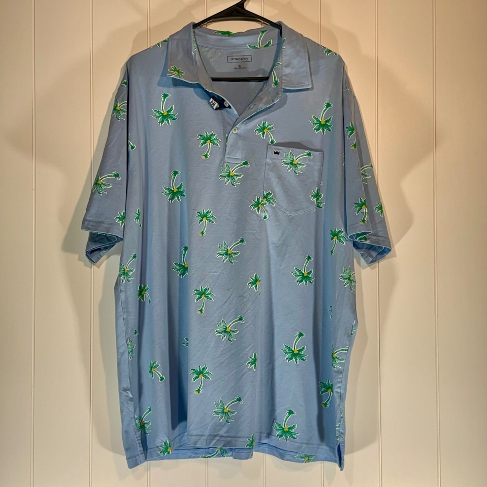 Crown & Ivy Mens XL Blue Palm Tree Print Motion Flex Polo Shirt NWT Short Sleeve
